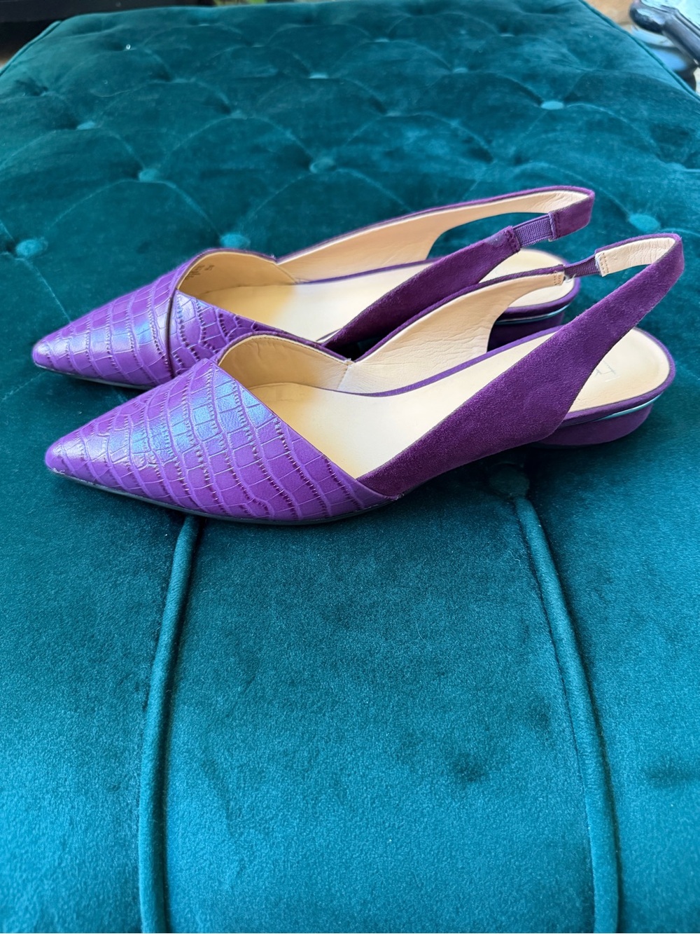 Franco Sarto Purple Croc-Embossed Pointed Slingback Flats - Picture 2 of 9